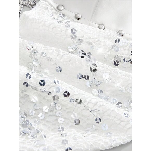 Women's Solid White Gothic Grunge PU Leather Sparkly Halter V Neck Vest Crop Top - Picture 4 of 4